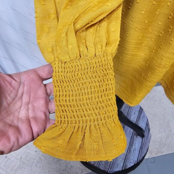 Tularosa Mustard Peasant Blouse Swiss Dot Ruffle Smocked Tunic Boho S - Picture 4 of 15